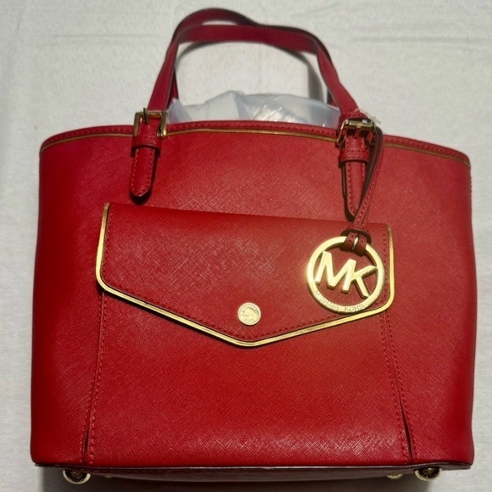 Michael Kors Specchio Leather Snap Pocket Tote Red Handbag